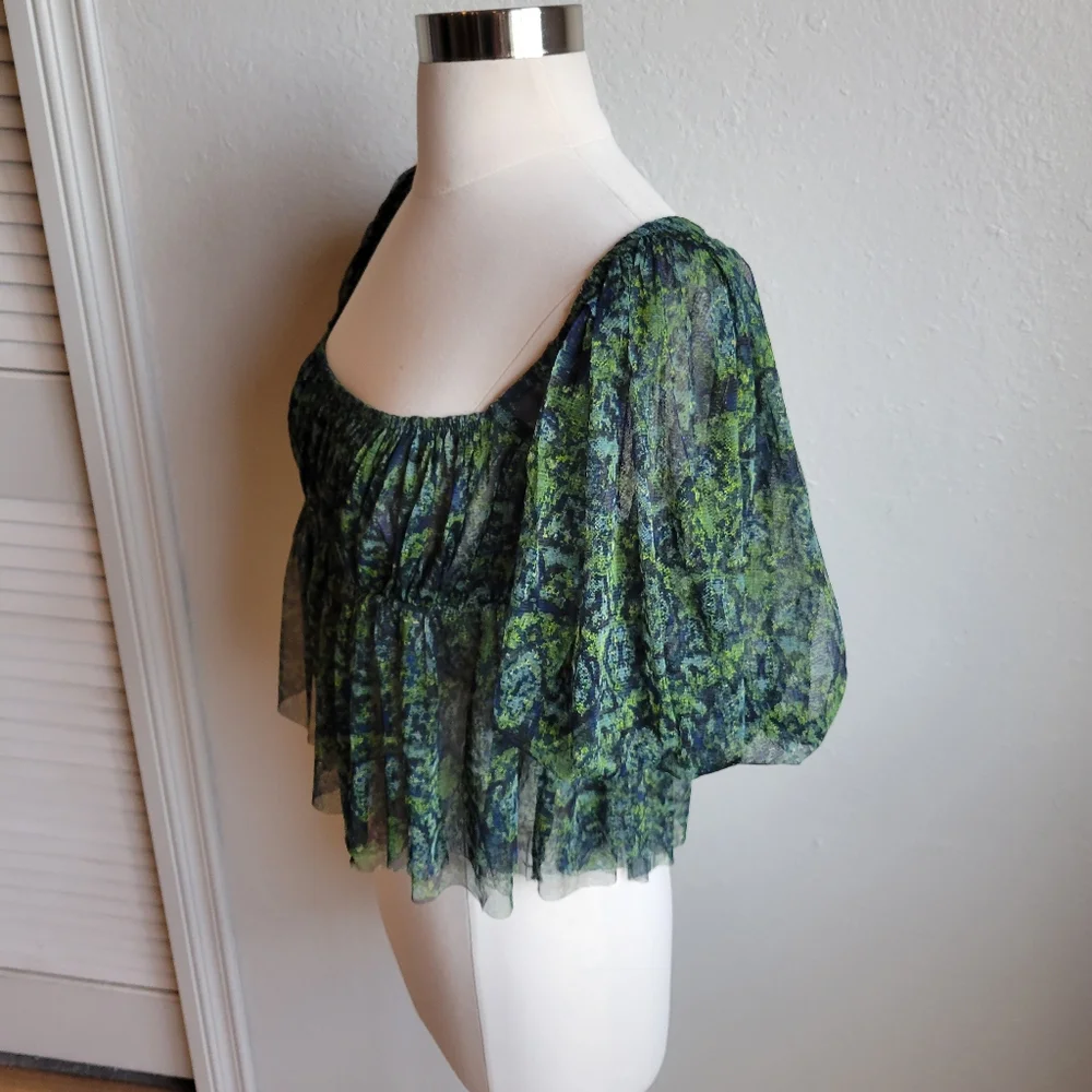 Free People Green Navy Floral Puff Sleeve Peplum Blouse
